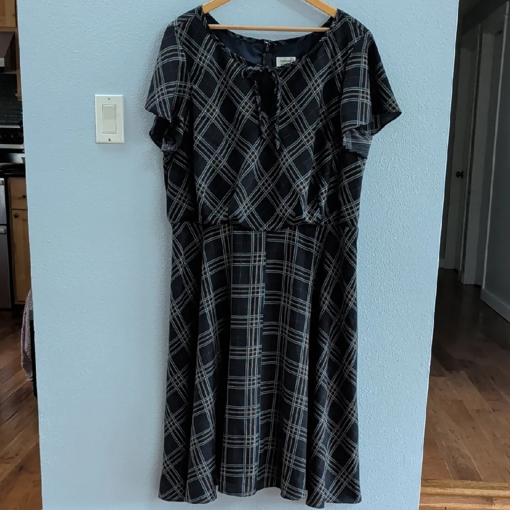 Unique Vintage Keyhole Front Tie Blue Plaid Midi Dress - Picture 1 of 7